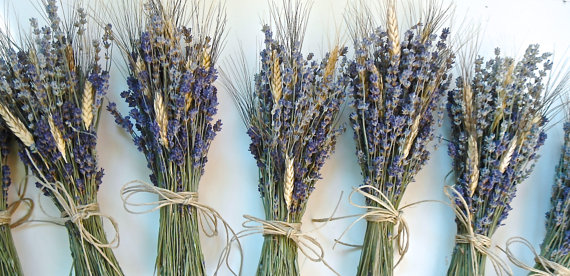 Wedding - 6 Simple Lavender and Wheat Bouquets with Hemp Twine