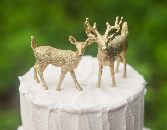 زفاف - Gold Deer Wedding Cake Topper, Golden Bride & Groom, Woodland Rustic Wild Animal