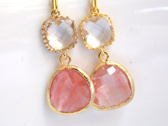 Mariage - Peach Earrings, Coral Earrings, Glass, Clear, Champagne, Gold, Wedding Jewelry, Bridesmaid Gift, Bridesmaid Earrings, Bridal Jewelry