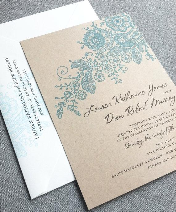 Свадьба - Lauren Kraft Lace Wedding Invitation Sample - Recycled Rustic Card Stock - Green, Charcoal, Teal or Navy Lace