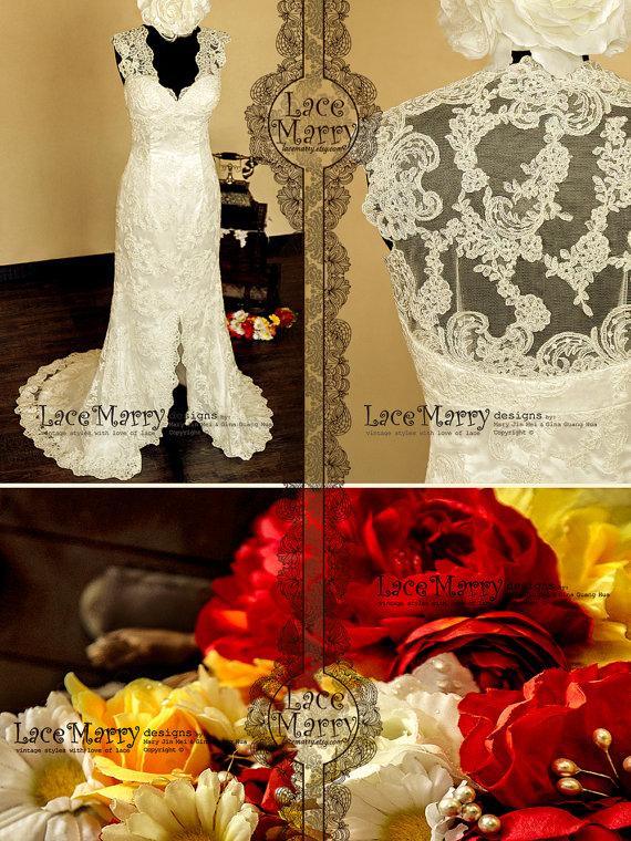زفاف - Transparent Lace Back Wedding Dress with a Deep Slit on the Front and Deep V-Neckline with Scalloped Edges