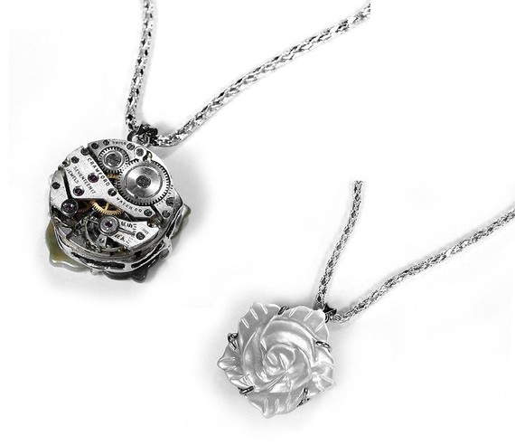 زفاف - Steampunk Jewelry Necklace Vintage REVERSIBLE Rose Mother Of Pearl Watch Necklace Wedding Anniversary Gift - Steampunk Jewelry by edmdesigns