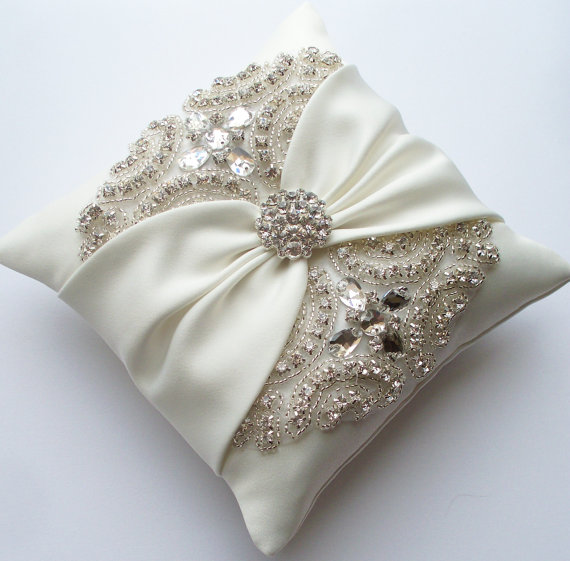 زفاف - Wedding Ring Pillow with Rhinestone Detail, Ivory Satin Sash Cinched by Crystals - The ROSALINA Pillow