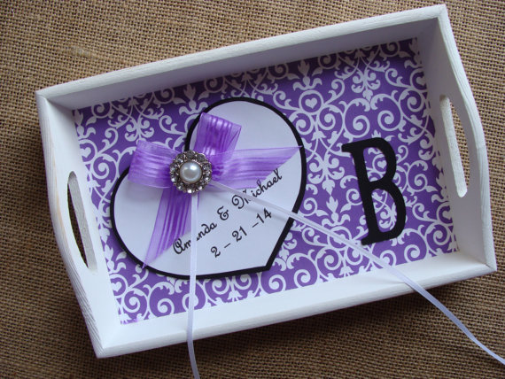 Hochzeit - Wedding Ring Bearer TRAY - Personalized - Regency Purple Damask