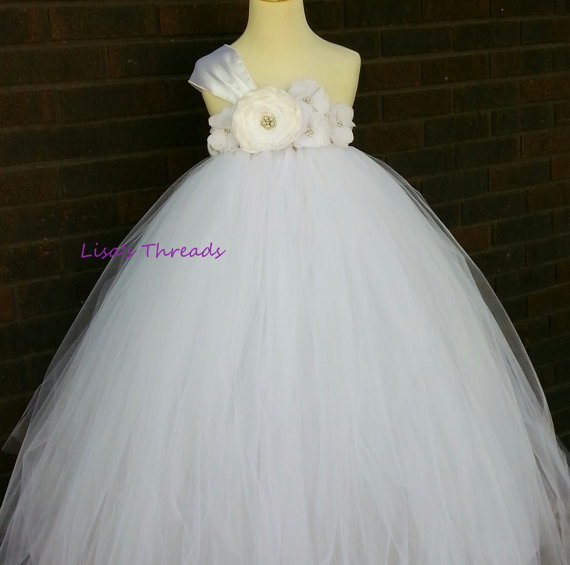 زفاف - White Flower girl dress/ Junior bridesmaids dress/ Flower girl pixie tutu dress/ Rhinestone tulle dress