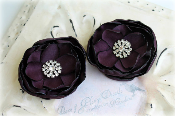 Mariage - Aubergine Deep Plum Eggplant - Rhinestone Flower Shoe Clips - Hairpins - Hollywood Glamour - Wedding Shoe Clips - Bridal Bridesmaids