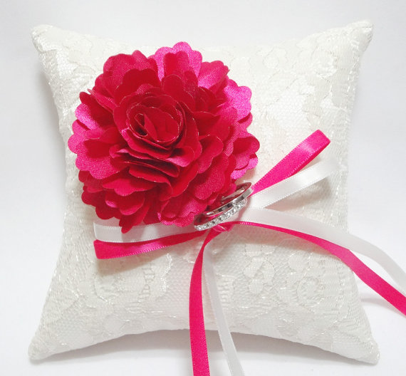Hochzeit - Wedding ring pillow, lace ring pillow, hot pink ring pillow