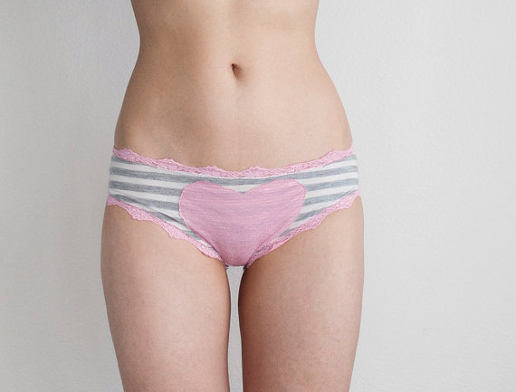 زفاف - PINK HEART Gray and White Striped Panties. PInk Lace Trim. Knickers. Homemade Designer Lingerie