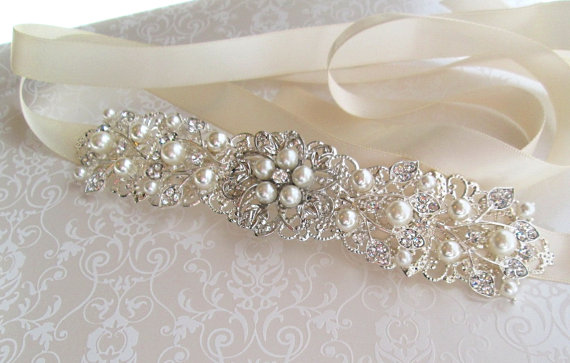 Hochzeit - Silver wedding sash bridal belt rhinestone wedding dress sash pearl bridal belt crystal sash pearl