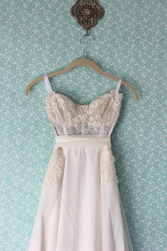 Свадьба - Wedding Dress Bohemian Romantic Long Bustier wedding gown Chiffon Vintage Lace- CUSTOM