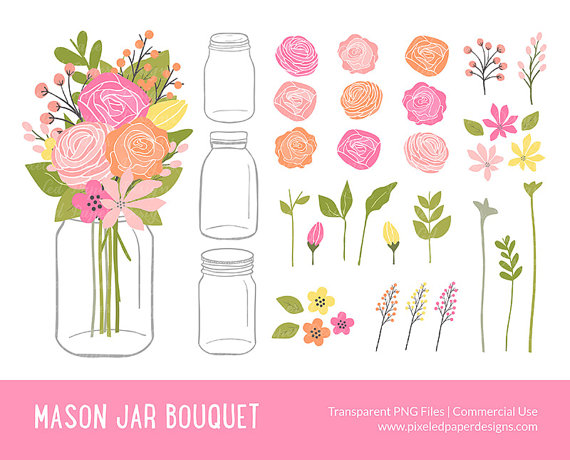 Hochzeit - Mason Jar Flowers Clip art: "MASON JAR BOUQUET"  Rose, Ranunculus, Greenery, Foliage, Pink, Yellow, Peach