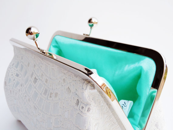 Wedding - White and Silver Wedding Clutch, Minty Green Purse, Bridesmaids Gifts, Personalized Gift
