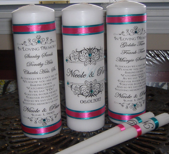 Wedding - Monogram Unity Candle and Memorial Candle - FIVE piece set in your choice of  colors