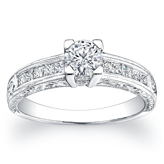 Hochzeit - Ladies Platinum antique engagement ring with 0.33 ctw of G-VS2 princess diamonds channel-set