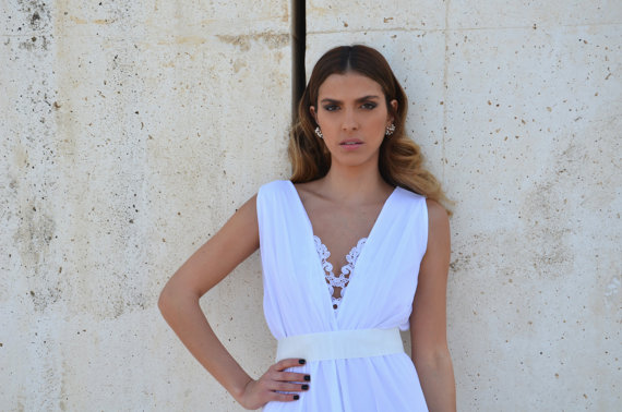زفاف - Maxi wedding dress deep  V neck line with embroidery