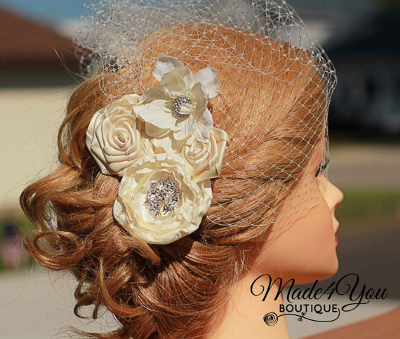 Hochzeit - Ivory Birdcage Veil-Cream Bridal Fascinator-Wedding Headpiece-Ivory or White Available