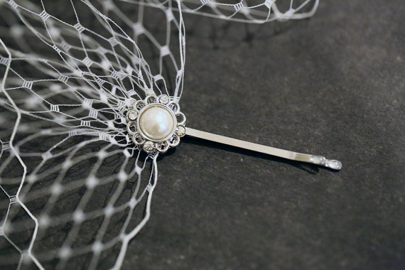 Hochzeit - Ivory Wedding Bridal Birdcage Veil Bandeau Style Veil Blusher 9 inch French Net Rhinestones Pearls