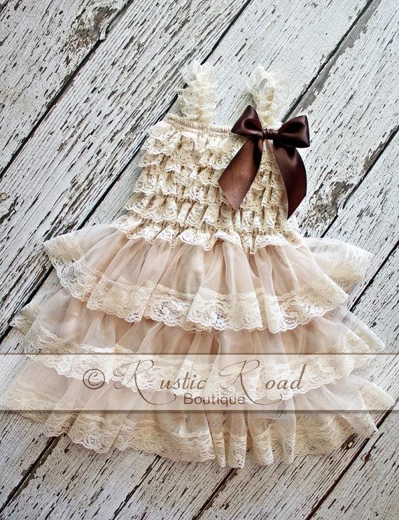 Mariage - Rustic Flower Girl Dress, Champagne Cream Ivory Lace Dress, Baby Toddler Girls, Birthday, Rustic Wedding, Country Flower Girl Dresses