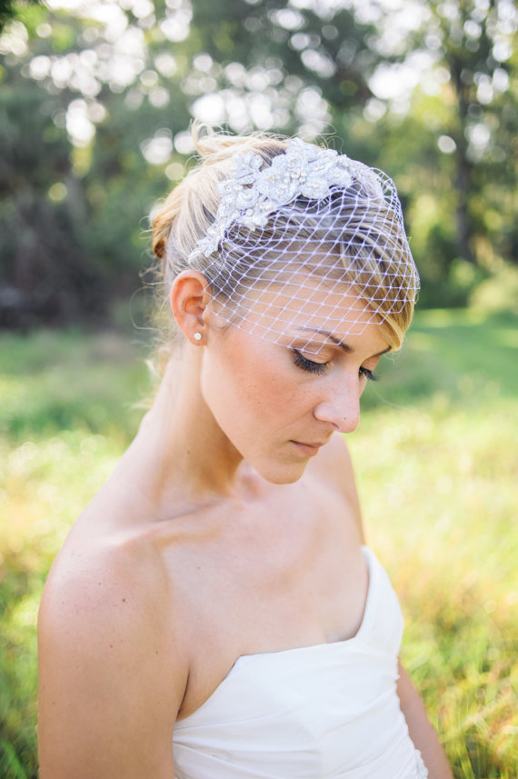زفاف - Wedding veils, silver crystal lace Birdcage veil , petite birdcage veil- celestyn