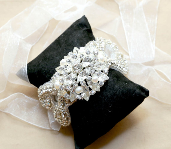 زفاف - Vintage Style Wedding Bridal Pearls Rhinestone Crystals Organza Ribbon Bracelet Bangle,Flower Bouquet Wrap,Sash/Headband