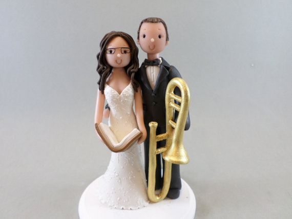 Hochzeit - Bride & Groom with a Trumpet Custom Handmade Wedding Cake Topper