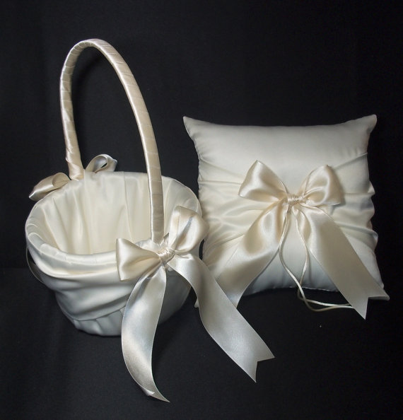 Hochzeit - Ivory or White Wedding Ring Bearer Pillow & Flower Girl Basket 2pc set