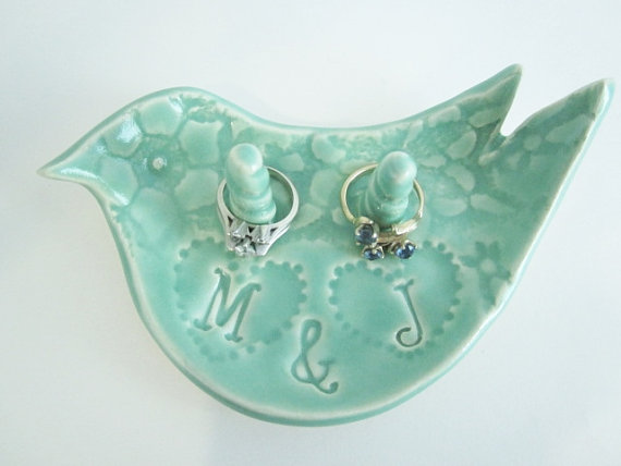 Wedding - Ring dish, Mr.and Mrs. Custom ring dish, Mint green ceramic engagement ring bowl Gift for Bride,