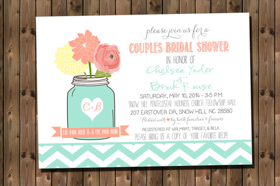 Mariage - Couples Wedding Shower Invitation Mason Jars and Flowers, Printable, Digital,