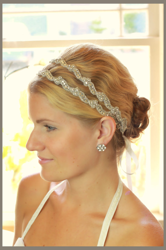 Wedding - Camellia Double Rhinestone bridal headband, bridal hair accessories, crystal headband, wedding headband