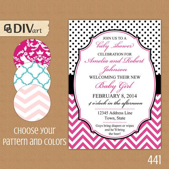Wedding - PRINTABLE 5x7" Baby Shower Invite,  Bridal Shower Invitation, Engagement Party Invitation - black, hot pink - polka dots, chevron - 441