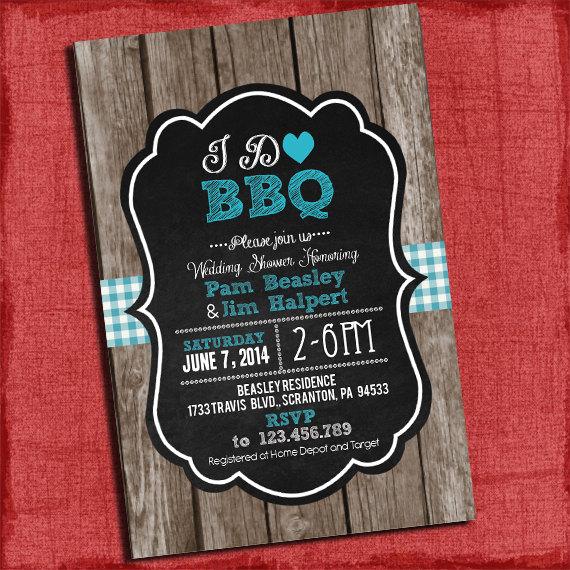زفاف - Printable "I Do" BBQ Barbecue Couples/Coed Wedding Shower Invitation Chalk Style with Gingham and Wood Background