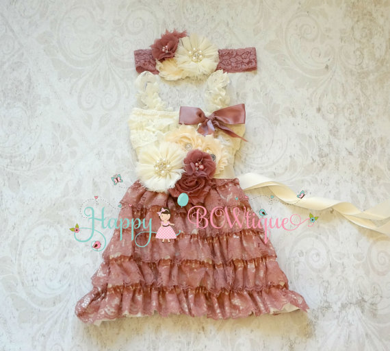 Wedding - Baby Girls dress, Ivory Vintage Rose Lace Dress set, Flower Girl Dress,ruffle dress, Girls Dress,baby dress,1st Birthday, Country Rust dress