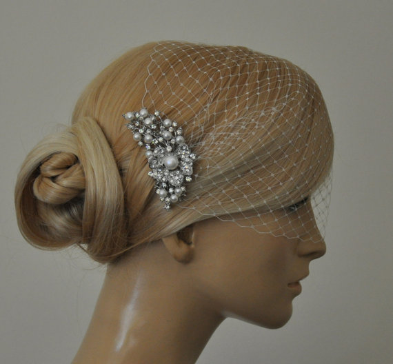 زفاف - birdcage veil and Freshwater pearls Comb (2 Items) -  Wedding comb,bridal headpieces , rhinestone bridal Hair comb