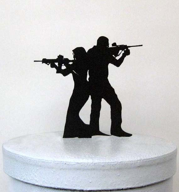 زفاف - Wedding Cake Topper - Rifle, Gun wedding, Armed Couple silhouette cake topper