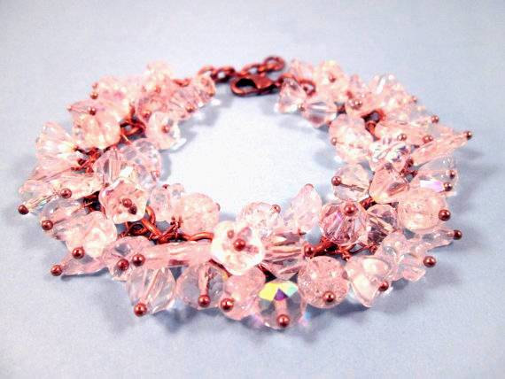 Wedding - Flower Charm Bracelet, Bridal Bouquet, Wire Wrapped Bracelet, White and Copper Beaded Bracelet, FREE Shipping U.S.