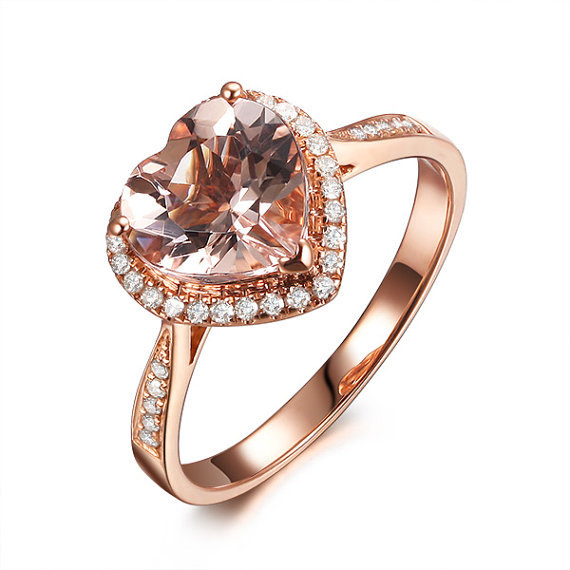 زفاف - Heart Shape 8mm VS Pink Morganite Engagement Ring SI Diamond Halo Morganite Ring in 14K Rose Gold/ White Gold/ Yellow Gold