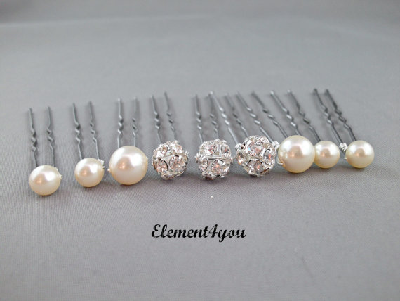 Hochzeit - Pearl hair pins, Rhinestone ball, Swarovski pearls, Bridal hair piece, Wedding Accessories, Bridesmaid gift, White Ivory Champagne Blue pins