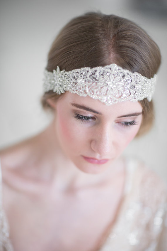 Свадьба - Bridal Ribbon Headband, Beaded Ribbon Headband, Blush Pink Wedding Head Piece, Wedding Hair Accessory