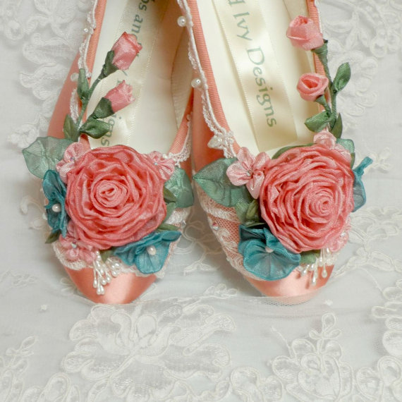 زفاف - Coral Ballet Flats, Wedding Flats, Coral Ballet Slippers, Flower Girl Shoes, Ballet Wedding Shoes
