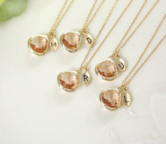 Hochzeit - Bridesmaid gifts - Set of 7 -Leaf initial,Champagne pendant necklace, wedding, bridesmaid necklace, Peach necklace, Initial,B0060-G,