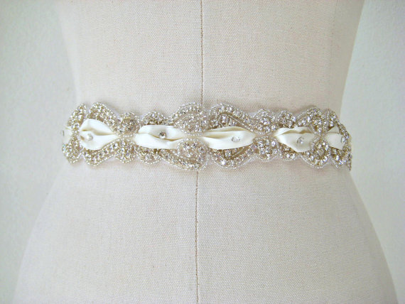 Hochzeit - Bridal beaded scroll rhinestone sash. Swarovski crystal laced ribbon wedding belt. CRYSTAL SCROLL