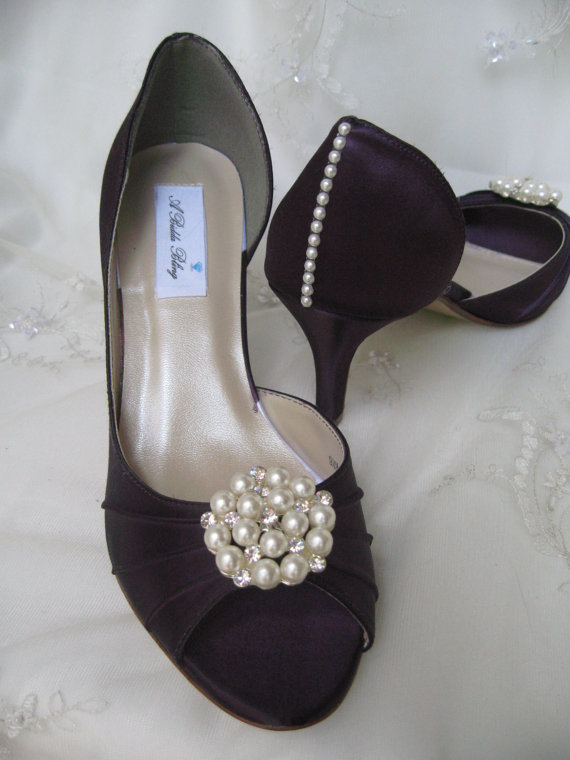 Hochzeit - Wedding Shoes Eggplant Purple Bridal Shoes with Pearl and Crystal Rhinestone Flower Cluster Design -100 Additional Colors To Pick From