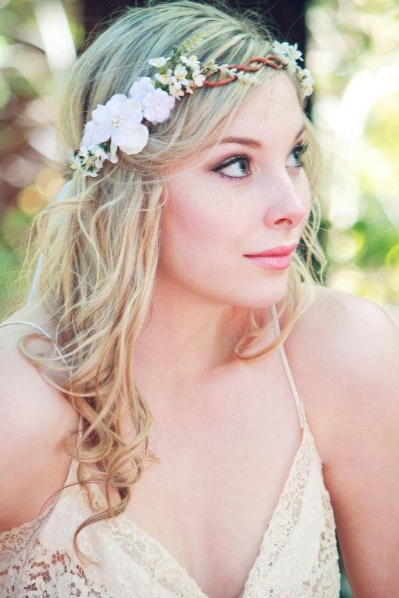 Hochzeit - velvet flower, white floral wreath, wedding accessories, wedding headpiece,  Headband, head wreath, hair accessories, bridal, flower girl