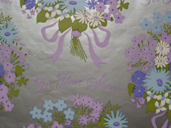 زفاف - SALE - Vintage Gift Wrapping Paper by Gibson - Metallic Silver and Purple Bridal Shower Bouquets - 1 Unused Full Sheet in Package
