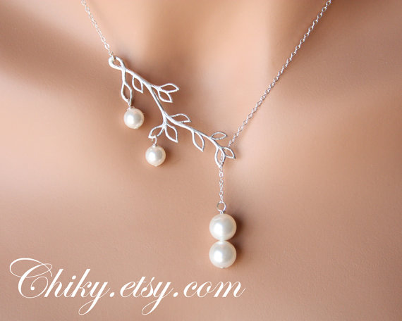 Wedding - Leaf branch and Pearl Necklace - STERLING SILVER, bridesmaids gifts, wedding jewelry, bridal jewelry, elegant modern