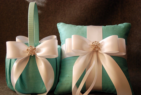Hochzeit - Wedding Ring Pillow and Flower Girl Basket Set - Tiffany Blue Silk with Satin Bows and Rhinestones- Helena