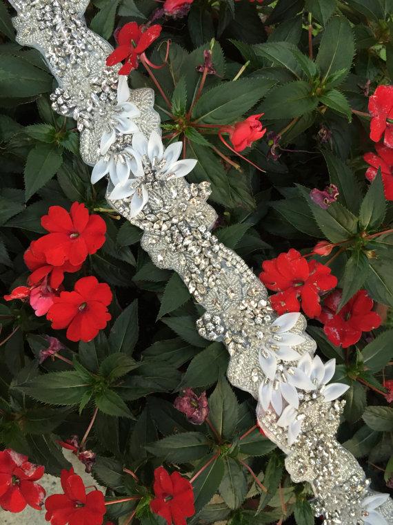 Свадьба - Rhinestone and Pearl Floral Bridal Sash with Silk Petals - Wedding Dress Belt