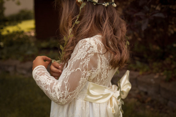 Wedding - Lace Flower Girl Dress, Girls Lace Maxi, Girls Rustic Dress, Toddler Dress, Long Sleeve Flower Girl Dress, Girls Boho Dress