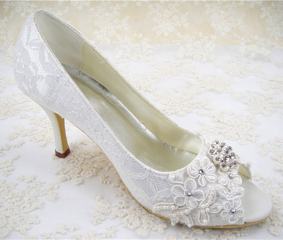 Hochzeit - Wedding Shoes, Lace Bridal Shoes, Peeptoes Wedding Shoes, Floral Lace Shoes, Bridesmaids Shoes, Pearl Lace Shoes, Rhinestone Bridal Shoes