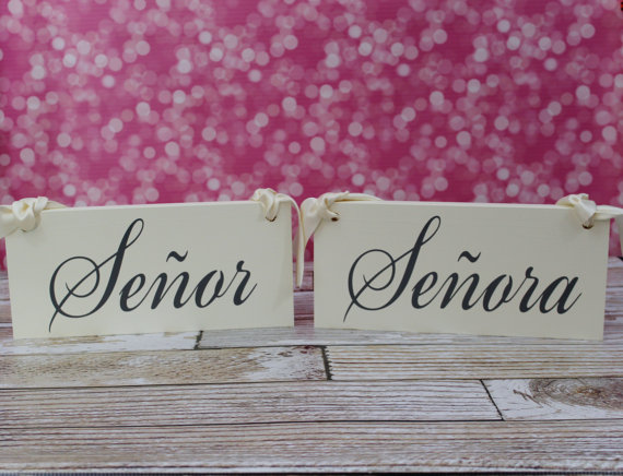 Wedding - Unique Wedding Signs, Señor & Señora Wedding Chair Signs. 1-Sided, 6 x 12 inches, Crisp Paint. Wedding Seating Signs.